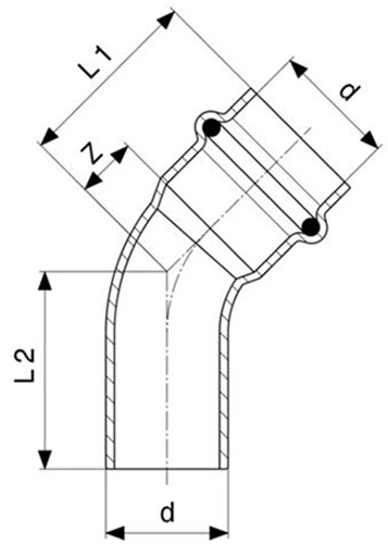 Эскиз Угол пресс Viega Profipress G с SC-Contur 2626.1 Дн22 45° корпус медь, однораструбный, пресс/пресс, 