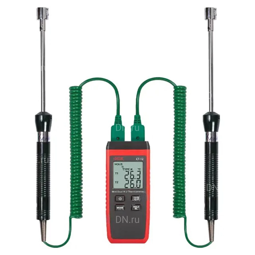 Термометр RGK CT-12 цифровой, двухканальный, с двумя поверхностными зондами TR-10S, диапазон измеряемых температур от -40 до +500°C, без поверки