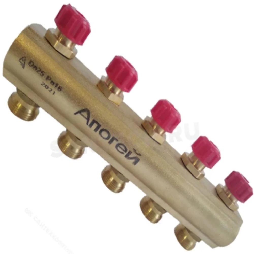 Коллектор Апогей КЛМ25-50-34-K 1″ Ду25 Ру10 выходов 6, присоединение - наружная резьба 3/4″, межосевое расстояние 50 мм, под евроконус с запорными клапанами, корпус-латунь, цвет-красный