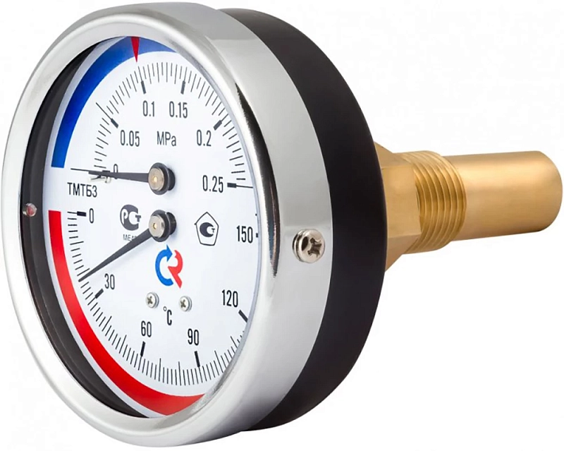 Термоманометр Росма ТМТБ-31Т.3 (0-120°C) (0-1MПa) G1/2 2,5, корпус 80мм, тип - ТМТБ-31T.3, длина клапана 100мм, до 120°С, осевое присоединение, 0-1MПa, резьба G1/2, класс точности 2.5