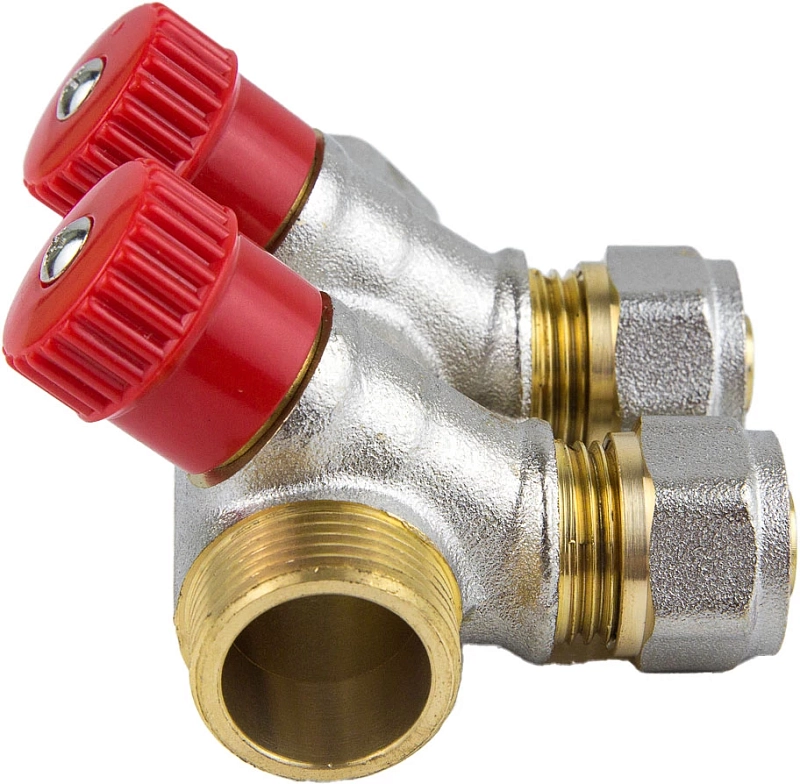 Коллектор Aquasfera 7018-01 3/4″ Ду20 Py16 выходов 2x16 мм обжим с регулирующими клапанами, красные ручки для МП труб, вн/нар резьба, корпус латунь, с межосевым расстоянием выходов 35 мм